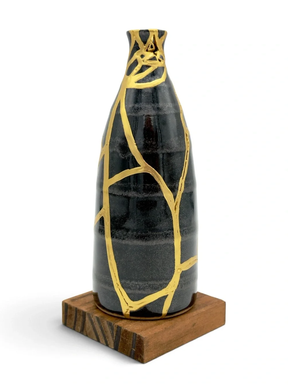 Kintsugi Vase Striped Black Pottery Gold Crack Art Growth Anniversary Gift